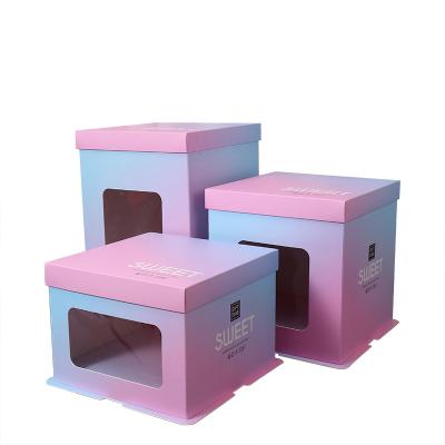 China Recycled materials paper cake box wedding custom box style beautiful 6 inch 8 inch gradient blue-pink fashion transparent cake box for sale