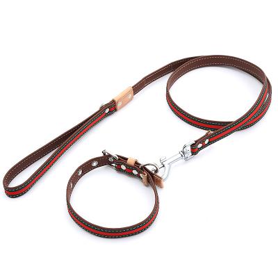 China Luxury Custom Adjustable Strong Cow Leather Stocked Collar and Dog Leash Set for sale