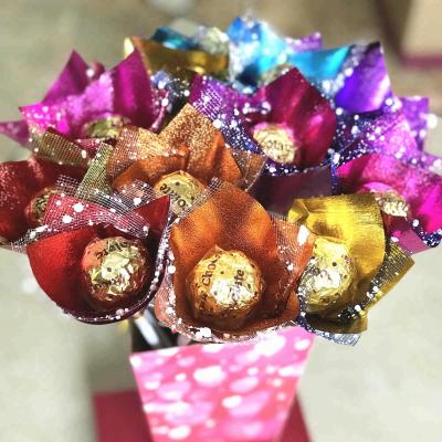 China Fancy Glitter Rose Flower Compound Milk Chocolate Covered Peanut Handmade Foil Wrapped Wrappers Stick for sale