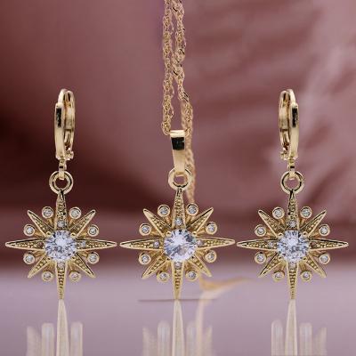 China Vintage 2022 New 585 Rose Gold Plated Earrings Necklace Zircon Inlaid Sun Earrings Necklace Jewelry Set for sale