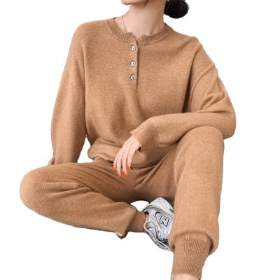 China Breathable Women's suit 100% Merino pure wool high-end Polo neck sweater wide leg pants autumn and winter knitted two-piece set for sale