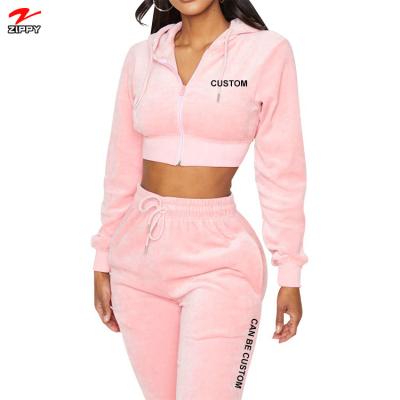 China New Logo Tracksuit Crop Tops Hoodies Custom Made Stylish Breathable And Jogging Sweatsuit 2 Pieces Set Women Velvet Tracksuits For Wome for sale