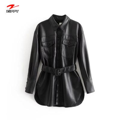 China Anti-wrinkle leather jackets women china casual belt coat winter jacket female leather jacket woman for sale