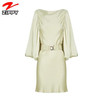 China Breathable Custom Women Elegant Work Dress Spring Dresses Woman Silk Balloon Sleeve Mini Dress With Sash-Cream for sale