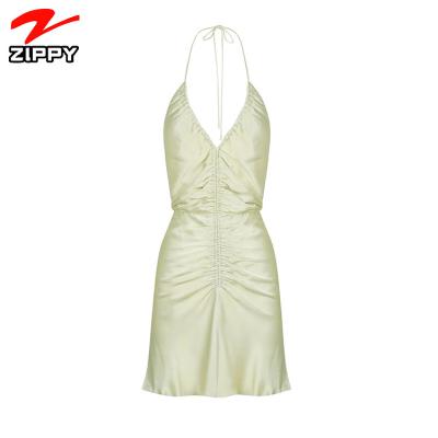 China Women's Casual Dress Dresses Summer 2021 Breathable Spring Spaghetti Slip Sexy Ruched Halter Silk Mini Dress for sale