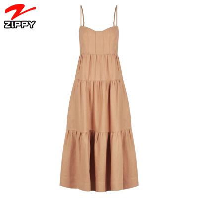 China OEM Breathable Three Tiers Dangle Solid Color Spaghetti To Tie Summer Women Midi Casual Linen Dress for sale