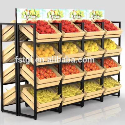 China Supermarket double sided metal tiered fruit vegetable rack wooden gondola display rack for sale