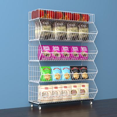 China Single-Sided Oblique Pharmacy Grocery Cart Snack Toy Stacking Cage Supermarket Shelf Rack Product Promotional Display Rack for sale