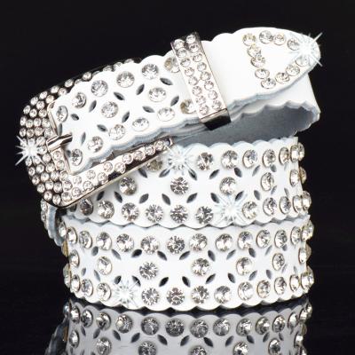 China Diamond Inlaid Women Cutout Rhinestone Belt Fashion Genuine Leather Inlaid Soft Belt for sale