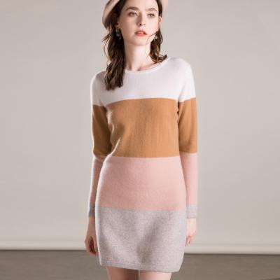 China OEM Women Anti Shrink Sweater Dress Custom Made Cashmere Long Cashmere Sweater Color Block for sale