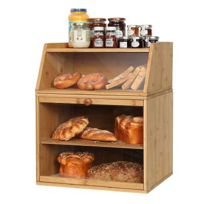 China Separable Bamboo Storage Large Double Freshness Keeping Bread Box With Clear Window And Adjustable Compartment For Kitchen Countertop for sale