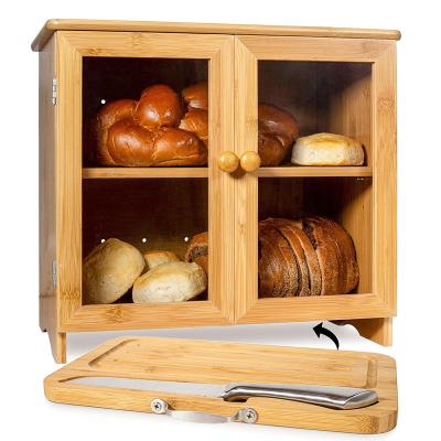 China New large classic/postmodern bamboo bread box for kitchen countertop, comes with stainless steel thick bamboo cutting board and bread knife. for sale