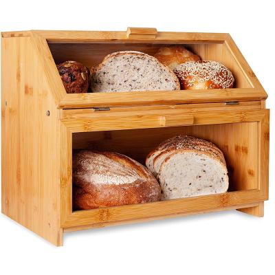 China New Classic/Postmodern Extra Large Double Compartment Bread Box: Rustic Bamboo Bread Box w/Clear Windows Farmhouse Style Bread Rack For Kitchen for sale