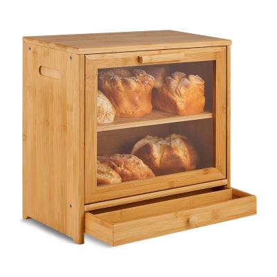 China Bamboo Kitchen Bread Stored Box, Adjustable 2 Layer Wooden Bread Bin With Acrylic Stained Glass And Storage Drawer for sale