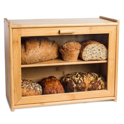 China Bamboo Heatable Bread Box Bin Receptacle Bamboo Container With Front Window Clear Rack And Double Layer Bread And Bread Storage for sale