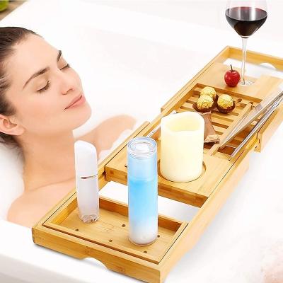 China Sustainable Bamboo Tub Tray, Tub Cart Tray for Bath, Expandable Bathroom Organizer with Book and Wine Rack for sale