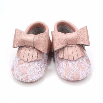 China Genuine Leather Baby Moccasins Baby Moccasins Lovely Soft Leather Princess Lace Pink Baby Moccasins for sale