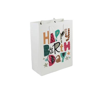 China Factory Wholesale Recyclable Happy Birthday Gift White Paper Bags With Handle Shopping Bread Cake Nut Food Packaging Bags for sale