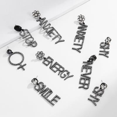 China Women Long Word Jewelry Party Rhinestone Female Word Earrings Lead Free Nickel Free Luxury Crystal Statement Full Earrings for sale