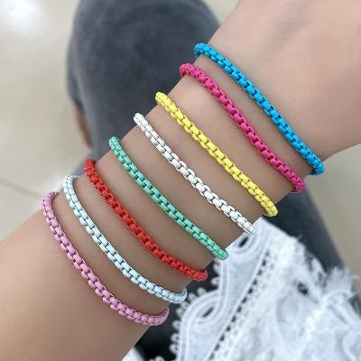 China Women's Lead Nickel Free Rainbow Painted European American Summer 4mm Thin Box Chain Bracelet Chain Bracelet for sale