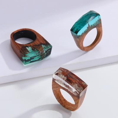 China Lead Free Nickel Free Fashion Handmade Wood and Resin Ring Feminine Women Magic Mountains Landscape Wood Epoxy Park Ring for sale