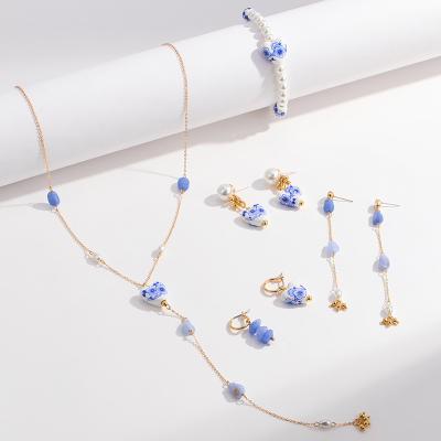 China Environmental Friendly Blue and White Porcelain Beads Natural Lapis Lazuli Women Beaded Lasso Necklace Bracelet 