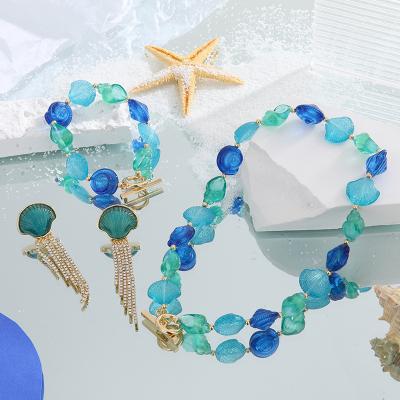 China Wholesale Environmentally Friendly Women Insti Blue Ocean Jewelry OT Buckles 3D Resin Conch Shells Necklace Bracelet Earring Jewelry Set for sale