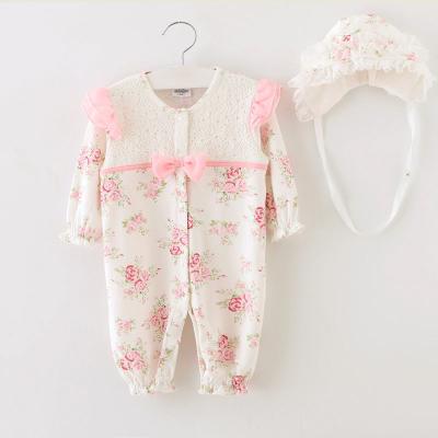 China Cozy Newborn Baby Clothes Lace Front Long Sleeve Coverall Romper Cotton Floral Soft Touch With Head Hat Sets for sale