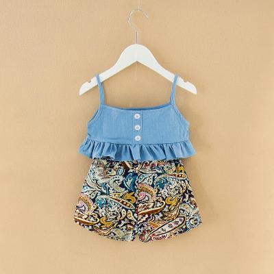 China Latest Toddler Girls Summer Casual Shorts Set Denim Off- Shoulder Top+Cute Flower Printing Pants Summer Clothes Outfit for sale