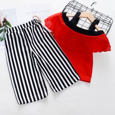 China Red Kids Little Girls Outfit Cute Outfit Daily Casual Summer Off Shoulder Chiffon Tops Striped Long Pants 2Pcs Clothing Set for sale