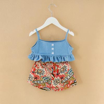 China 2022 Summer Breathable Baby Clothes Ruffle Sleeveless Denim T-shirt Tops And Shorts Comfortable Floral Printing Outfit Sets for sale