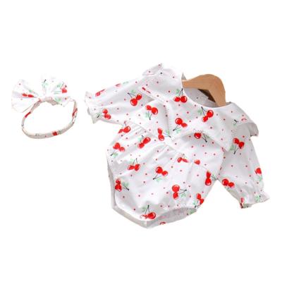 China 2022 Newest Comfortable Toddler Baby Casual Daily Wear Romper with Fruit Cherry Pattern Printing Soft 100% Cotton Baby Rompers and Headband for sale