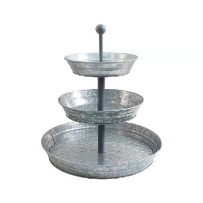 China Eco-friendly Factory Customized Fruit Dish Wedding Galvanized European Style Iron Cake Dish Round Metal Storage Serving 3-Layer Tray for sale