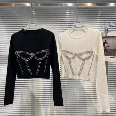 China New Spring Breathable Classic Style Knitted T-shirt Rhinestone Beaded Stretch Knitwear Solid Color Slim Pullover Bottoming Shirt For Women for sale