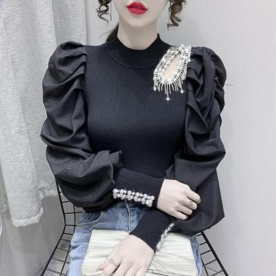 China New Women's Breathable Spring Half Tortoise Neck Bottoming Shirt Solid Color Knitwear Slim Fit Hollow Beading Basic Pullover Tops for sale