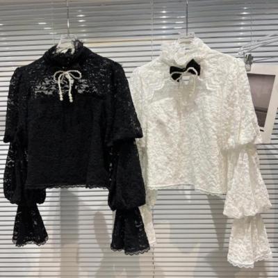 China Autumn Casual Sleeve Lace Shirts Pearl Bow Top 2022 Spring Viable Ladies New Long Crocheted Soft Blouse Sweater Lace Tops for sale