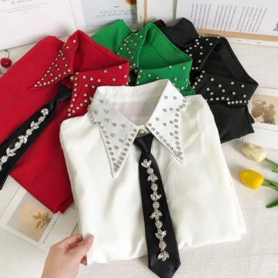 China Viable New 2022 Wholesale Ladies Spring Fashionable Diamond Lapel Shirt With Tie Shirt Loose Long Sleeve Elegant Blouse Tops for sale