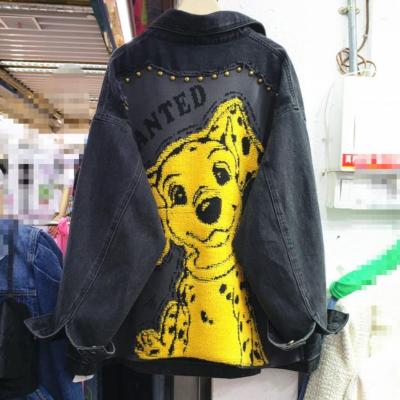 China Viable Spring Autumn New Black Loose Denim Jackets Stitching Fashion Cartoon Puppy Jeans Jackets Straight Jeans Tops For Women for sale