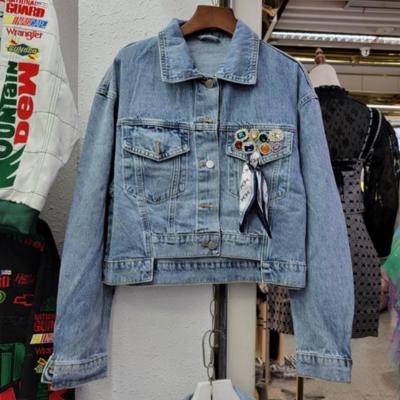 China New workable spring blue loose denim jackets beaded sliver lapel shorts jeans jacket straight sleeve denim coats long for female for sale