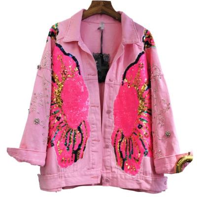 China 2022 Spring Autumn New Loose Casual Single Breasted Denim Jackets Flower Candy Color Denim Sequined Jeans Jackets For Women for sale