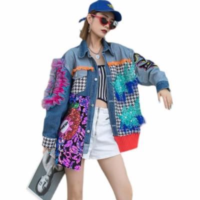 China 2022 New Viable Spring Flower Sequin Patchwork Denim Jackets Loose Fashionable Plus Size Beaded Denim Jackets For Women for sale