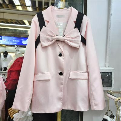 China Hot Sales Viable 2022 Spring New Women's Suit Jacket Bow Shoulder Strap Pink Suit Coats Fashion Female Blazer Soft Button Long Sleeve for sale