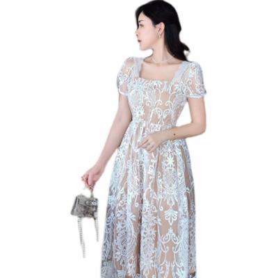 China New Summer Lace Spring Sustainable Women's High Style Dress White Square Collar Waist Slimming Short Sleeve Dress Sweet A Line Dress for sale