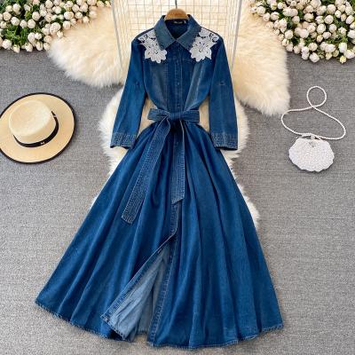 China Viable Hot Sales Women's French Denim Dress Fashion Lace-up Slim Waist Elegant Lady French Long Sleeve Long Dresses A Line for sale