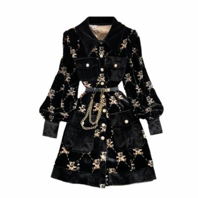 China Workable Size Autumn New Elegant Black Dress Spring Slimming Bear Printed Shift Pleuche Dress Lapel Mid Length Dress For Women for sale