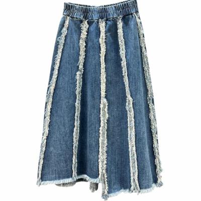 China Viable 2022 new women's spring summer blue denim skirt stitching denim fashion thin mid length skirt loose elastic waist high skirt for sale