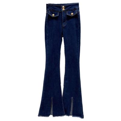 China Sustainable Autumn New Fashion Denim Pants Metal Buckle Spring Stretch Retro Jeans Solid Color Slim Stylish Flare Jeans For Women for sale