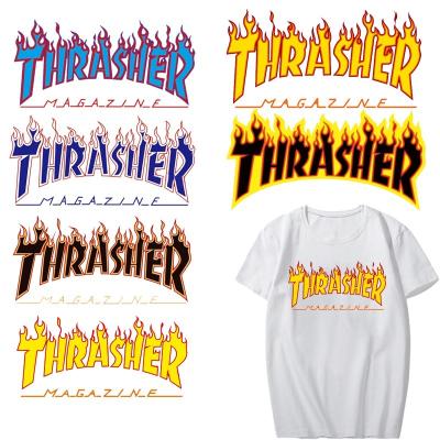 China T-shirt Iron-on Transfers for Clothing Fashion Letter Patch DIY T-shirt Applique Heat Transfer Vinyl Fire Flame Patches Stickers Press for sale