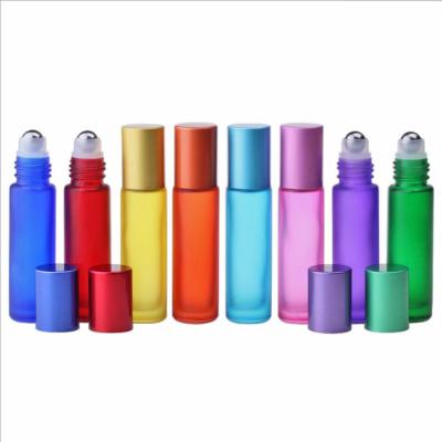 China Cosmetic Matte Rainbow 10ml Glass Roll On Bottle With Same Color Cap for sale