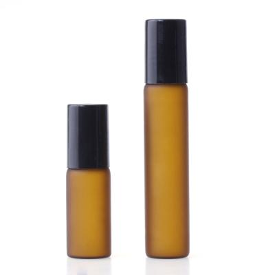 China Cosmetic in stock, 3ml 5ml 10ml frosted matte amber glass roll on perfume bottle with black cap for sale